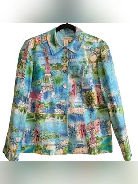 Coldwater Creek Small Linen Blend Blazer Eiffel Tower Pastel Colorful Artistic